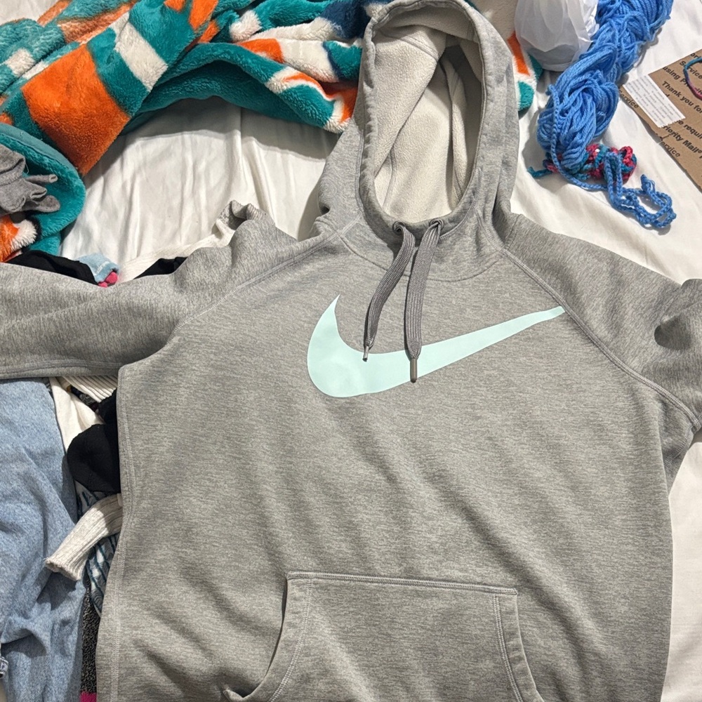 Gray Nike swoosh Hoodie with Light Blue Logo women’s large